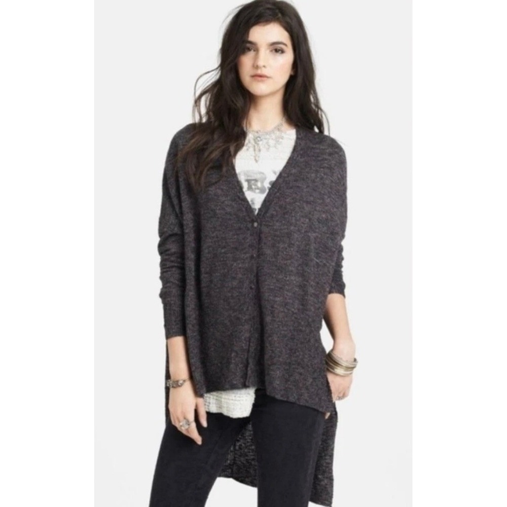 Free People TGIF Cardigan Womens Small Gray High Low Oversized Knit Sweater Boho